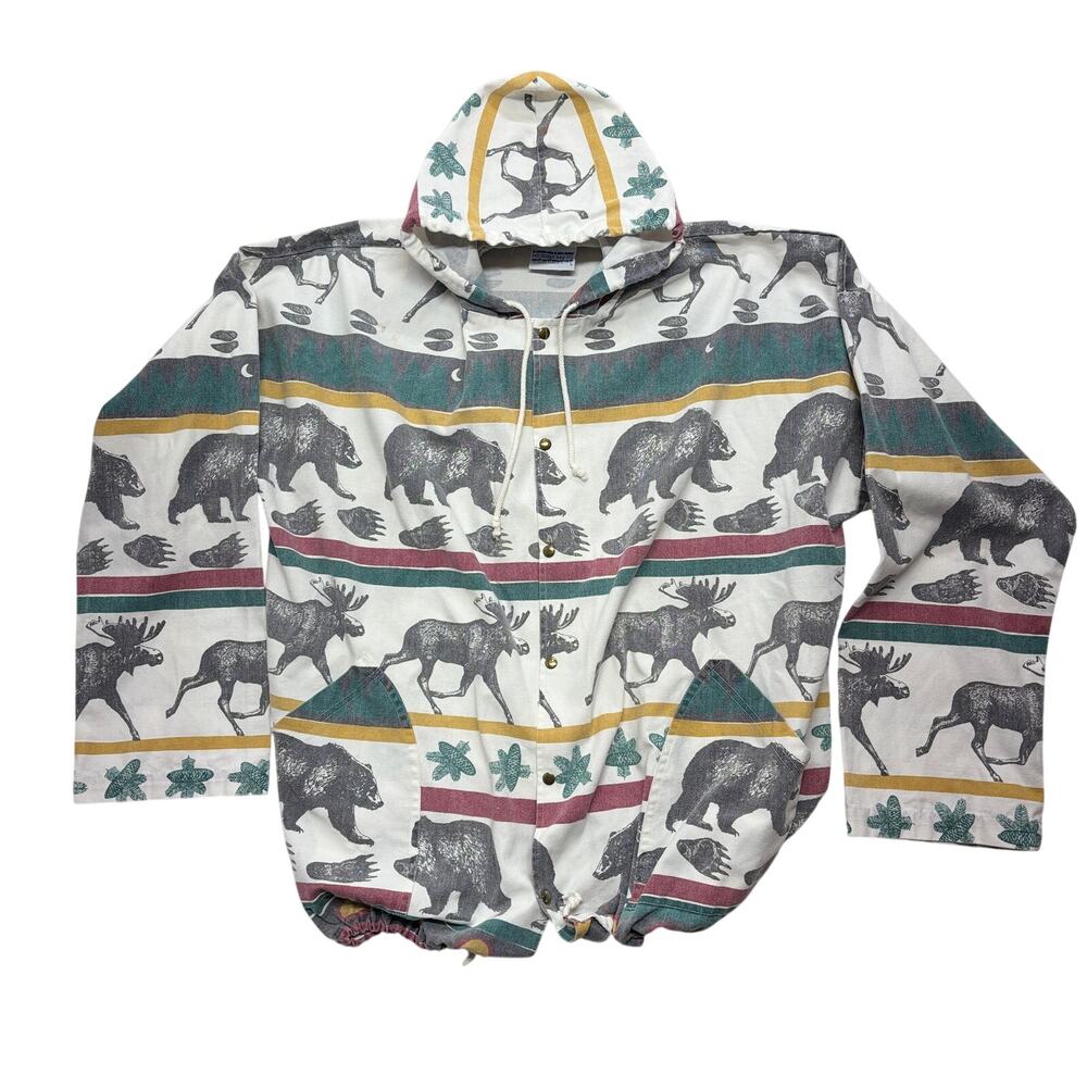 Vintage Michigan Rag Co Bear Moose Hoodie 4XL AOP All Snap Made in USA